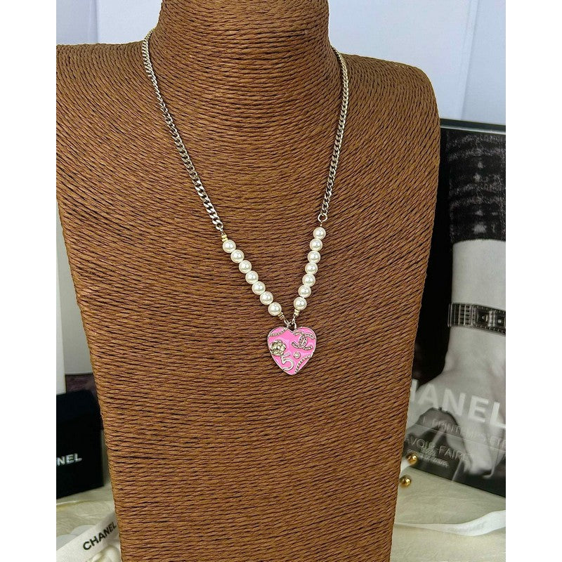 18K  Chanel Pink & Black Heart Pearl Necklace